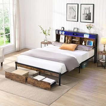 Metal Platform Bed Frame with Wooden Headboard and with Footboard USB,Charging Station,2 Drawers,Storage, LED Lights, No Box Spring Needed, Easy Assemble Black+Brown + Queen