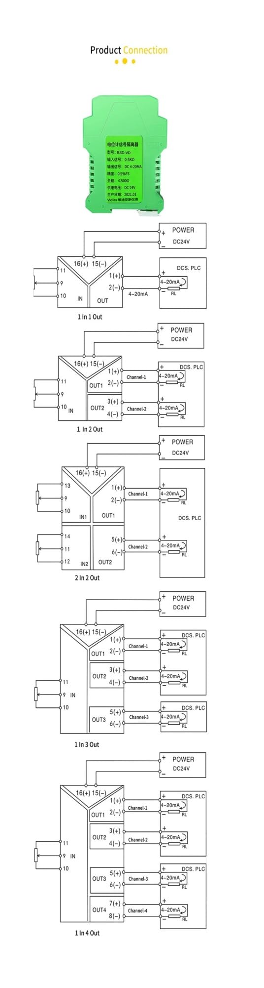 Transmisor de señal de potenciómetro de 0-20 kΩ, 0-1 kΩ, 0-50 kΩ a 4-20 mA, 0-10 V, 0-5 V, sensor de señal de desplazamiento de potenciómetro de 3 hilos, 24 V CC(1 in 1 Out,INPUT 0-100K OHM-4-20MA)