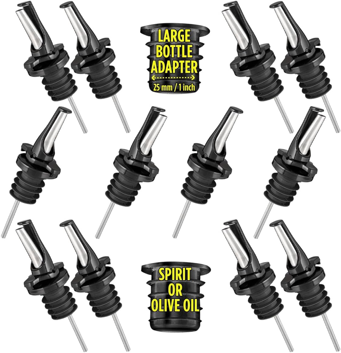 3-in-1 Liquor Pour spout with Built-in Fruit Fly Protection - Dishwasher Safe Hygienic Alcohol Speed Spouts - Also for Olive Oil, Juice, Syrup. Black 12 Pack with 2 Adapters for Large Neck Bottles