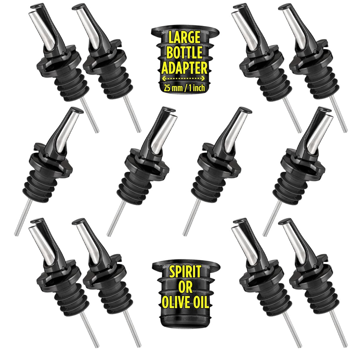 3-in-1 Liquor Pour spout with Built-in Fruit Fly Protection - Dishwasher Safe Hygienic Alcohol Speed Spouts - Also for Olive Oil, Juice, Syrup. Black 12 Pack with 2 Adapters for Large Neck Bottles