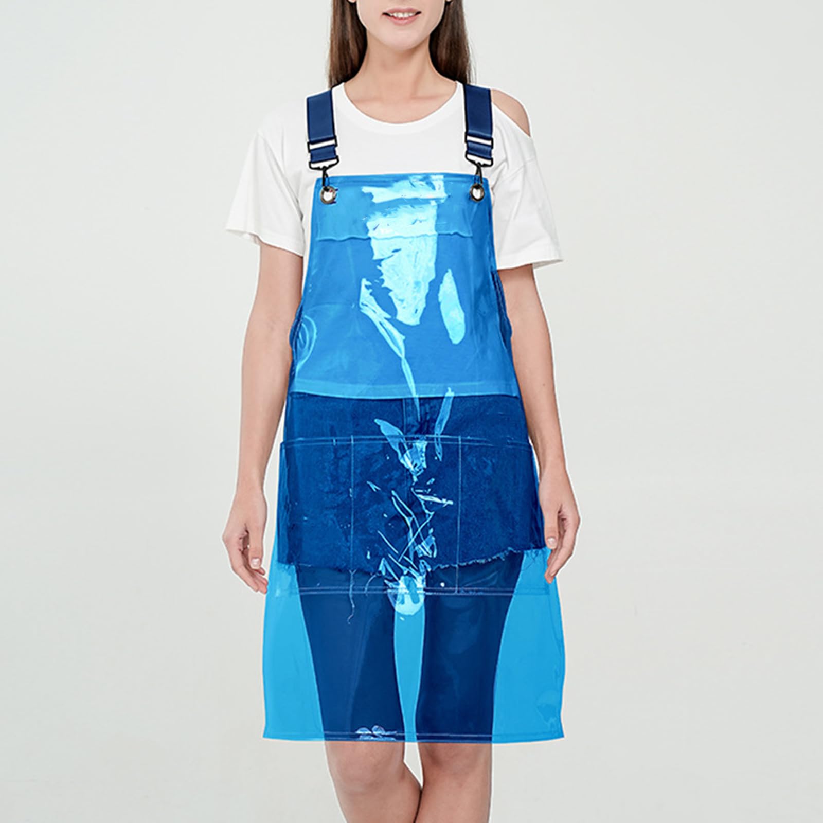 rockible Transparent Apron Waterproof TPU Aprons Unisex Adjustable Bib Cooking Kitchen Chefs Work Apron for Cosmetology Coffee Shop Painting Clear Hairdressing Aprons-Full Blue - Image 2