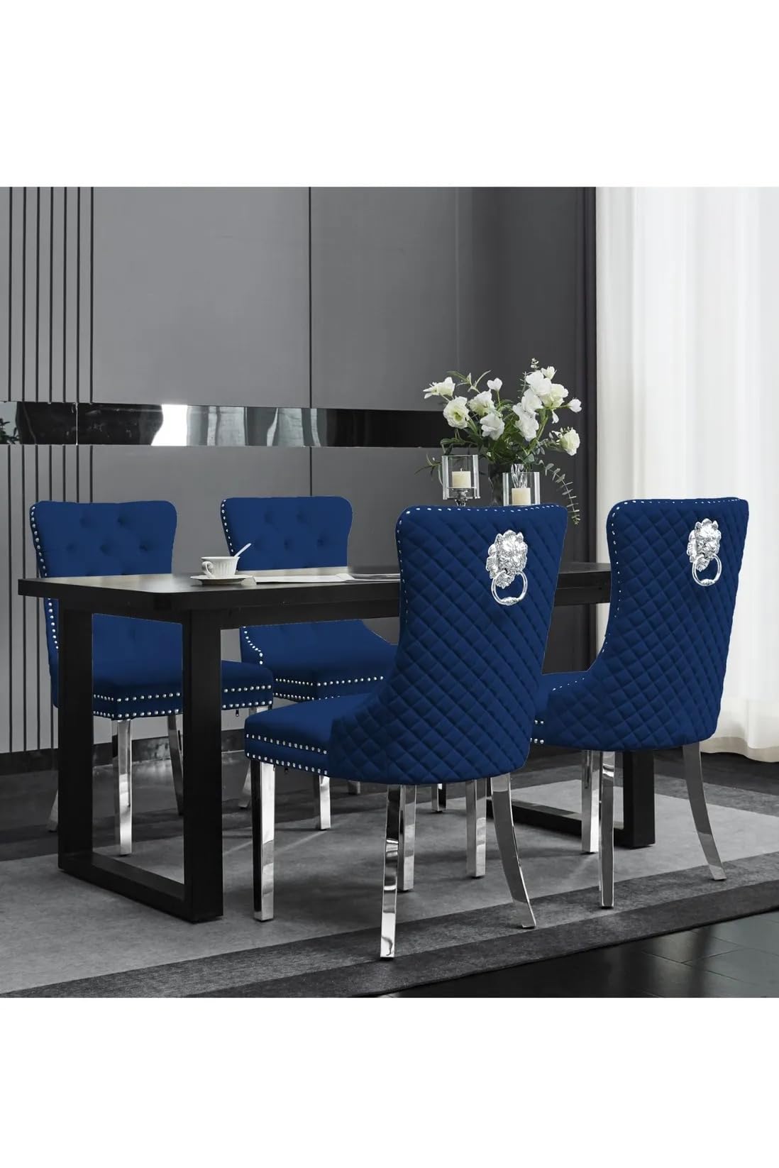 Set of 2 Velvet Dining Chairs with Lion Head Knocker – Quilted Upholstered Chairs with Chrome Legs, Silver Stud Detailing, Padded Comfortable Seating for Dining Room, Office, Accent Chair (Navy)