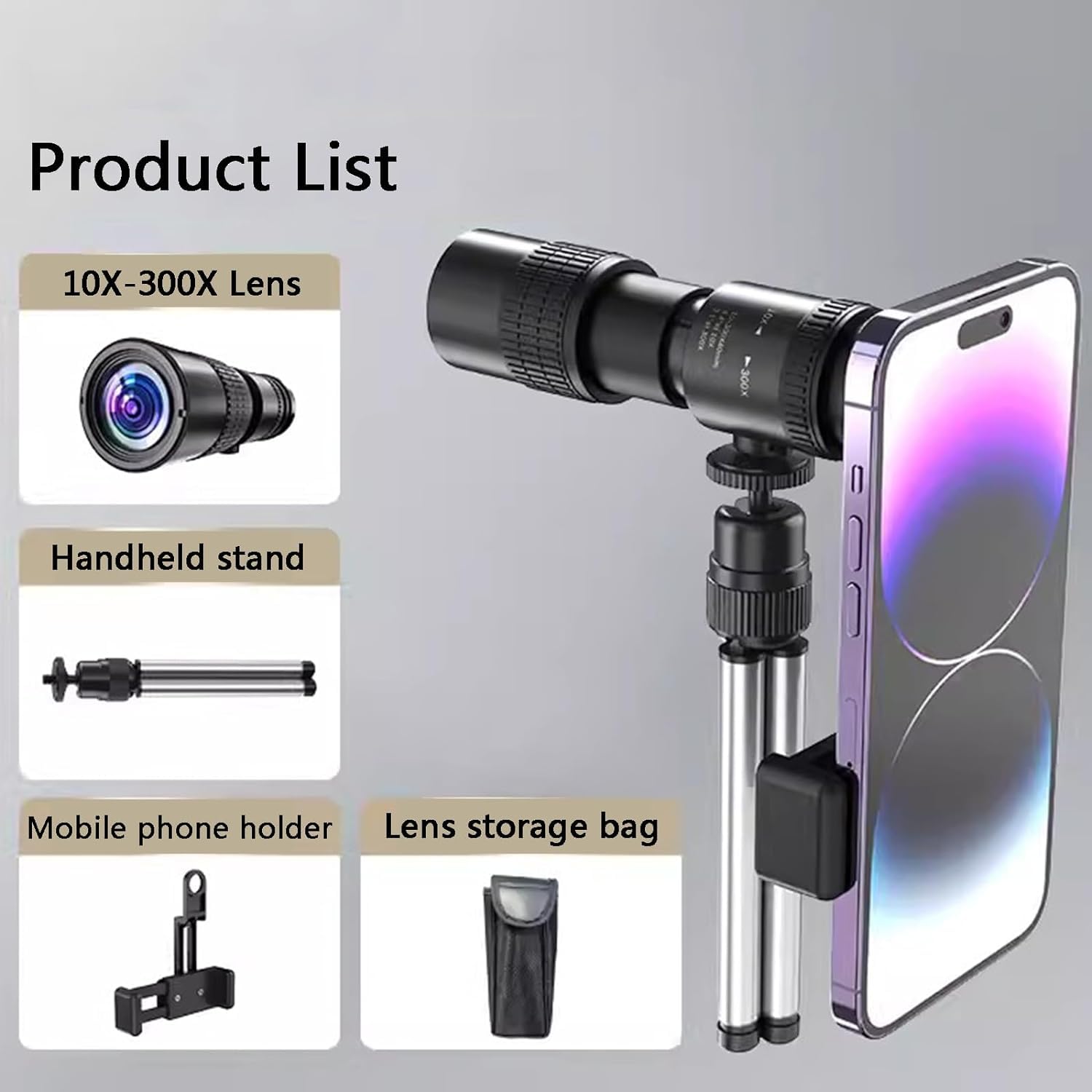 Kit obiettivo fotocamera, teleobiettivo zoom 10X-300X, con supporto portatile, obiettivo fotocamera con messa a fuoco telescopica per tutti gli smartphone, divertiti a scattare