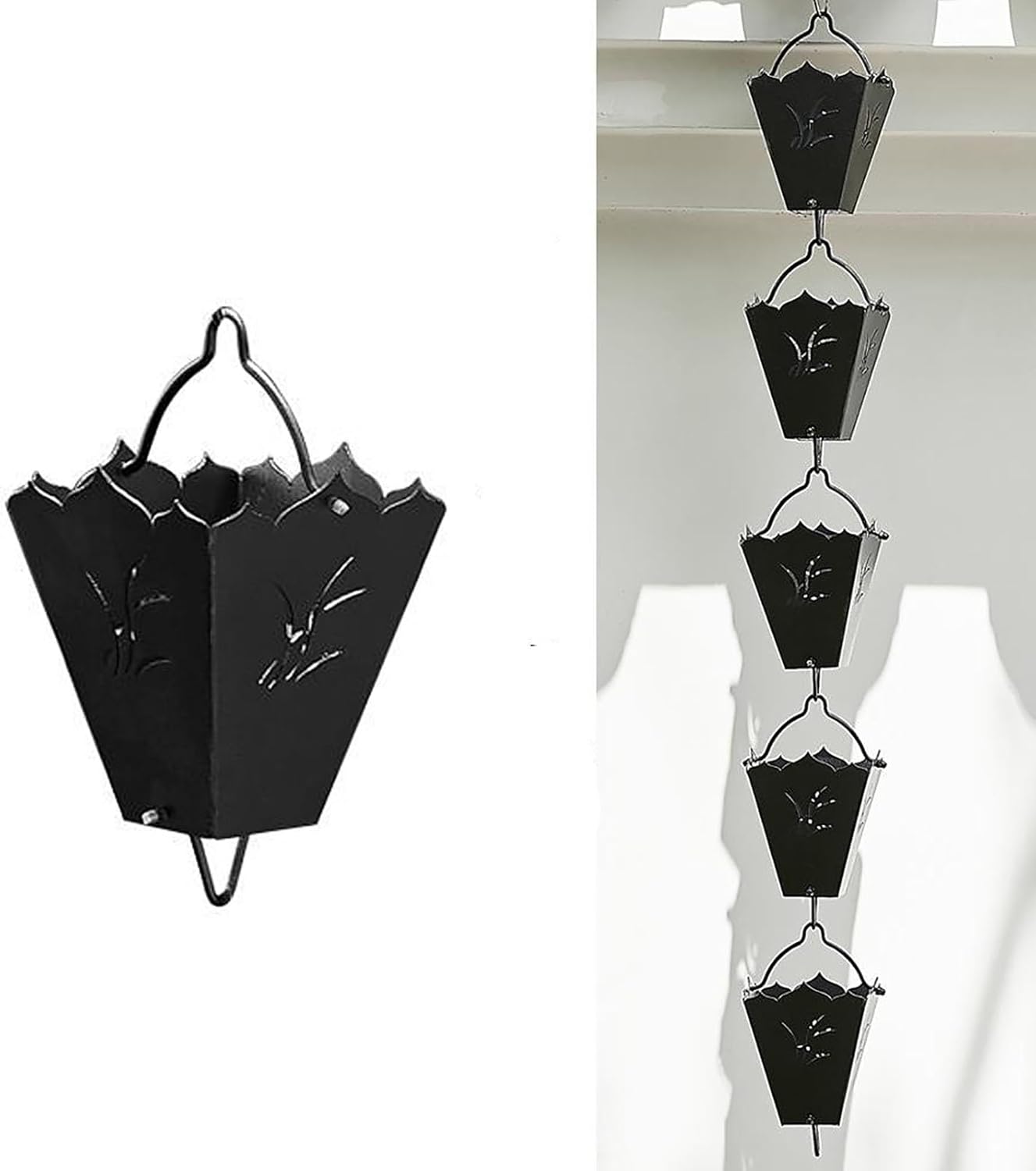 3.3ft Rain Chain for Gutters Downspouts Outside,Rainwater Catcher & Diverter,Black Powder Coated W/Square Cup Roof Gutter Chain Downspout(E,Black)