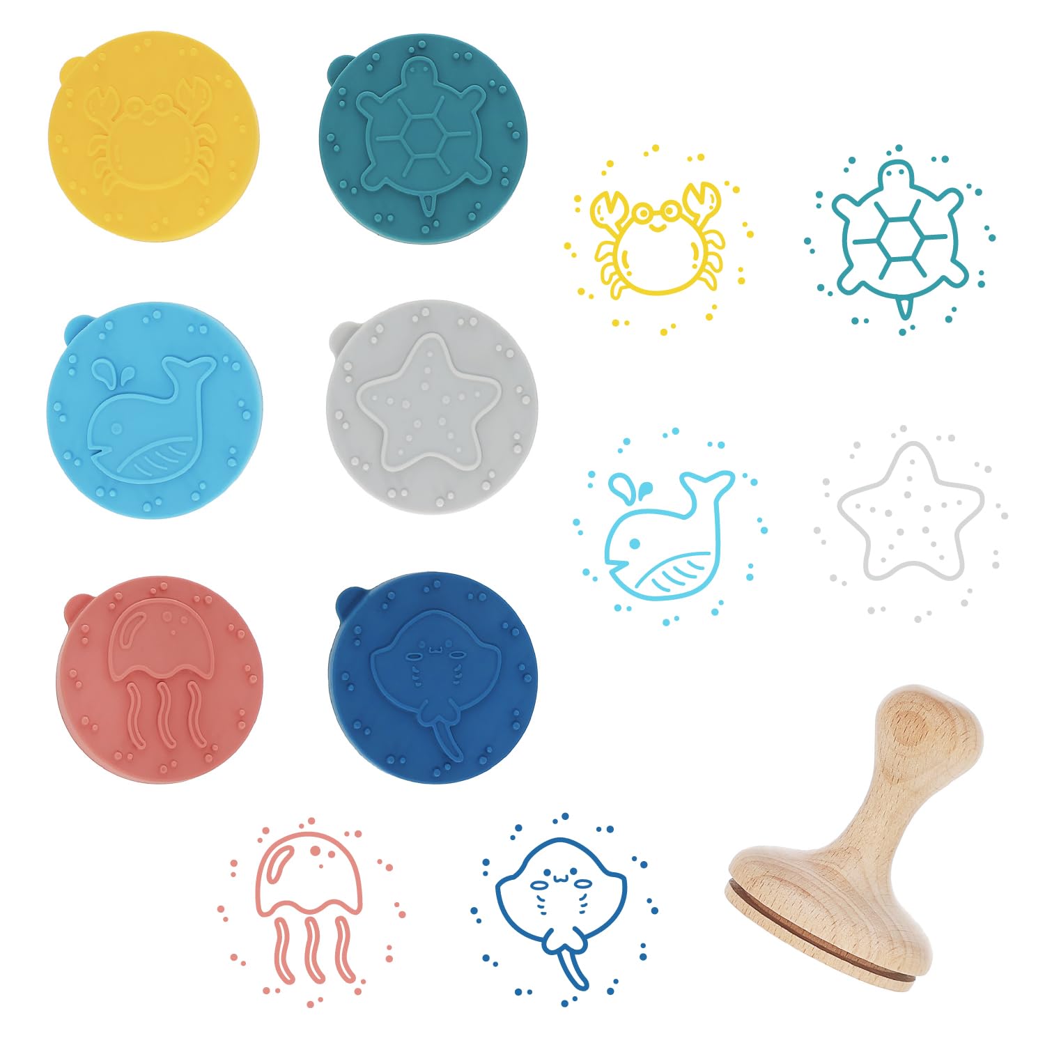 Ocean Adventures Rubber Stamp with Wood Handle, 6 Interchangeable Ocean Animals Silicon Stamps and 1 Sturdy Handle, Fun Kids Craft Supplies and Art Supplies, Arts and Crafts for Kids 4-6 and Families