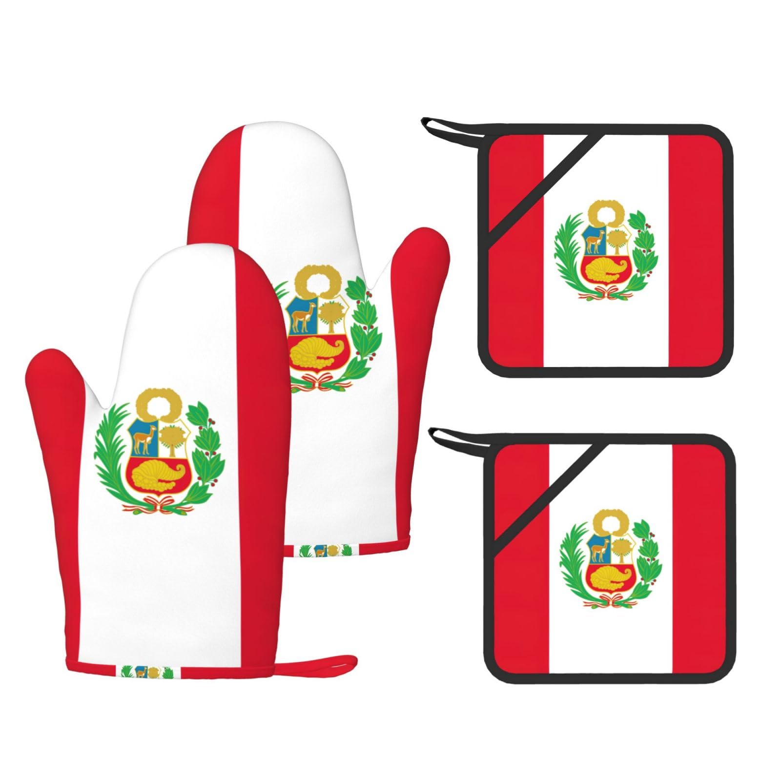 Flag of Peru Printed Kitchen Oven Gloves and Potholder 4 Pcs, Non-Slip Heat Resistant Mitts for Baking Chef
