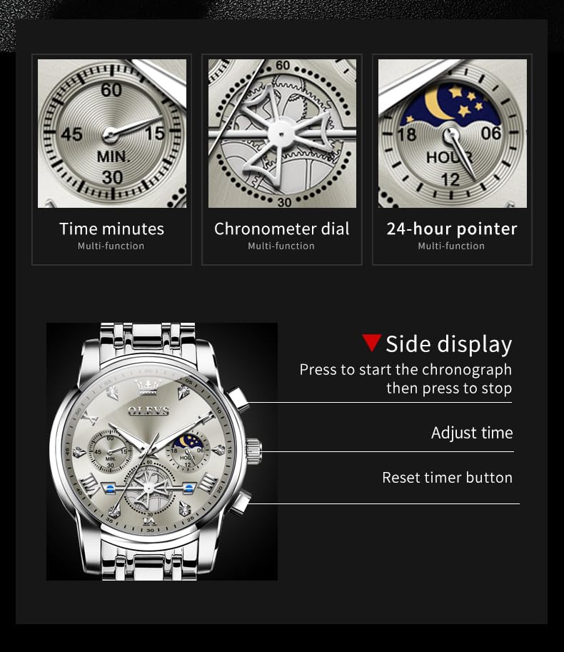 Image of OLEVS Men Skeleton Watches Stainless Steel Analog Quartz Moon Phase Male Watch, Diamond Multi Calendar Chronograph Watch,Waterproof Wrist Watch for Men