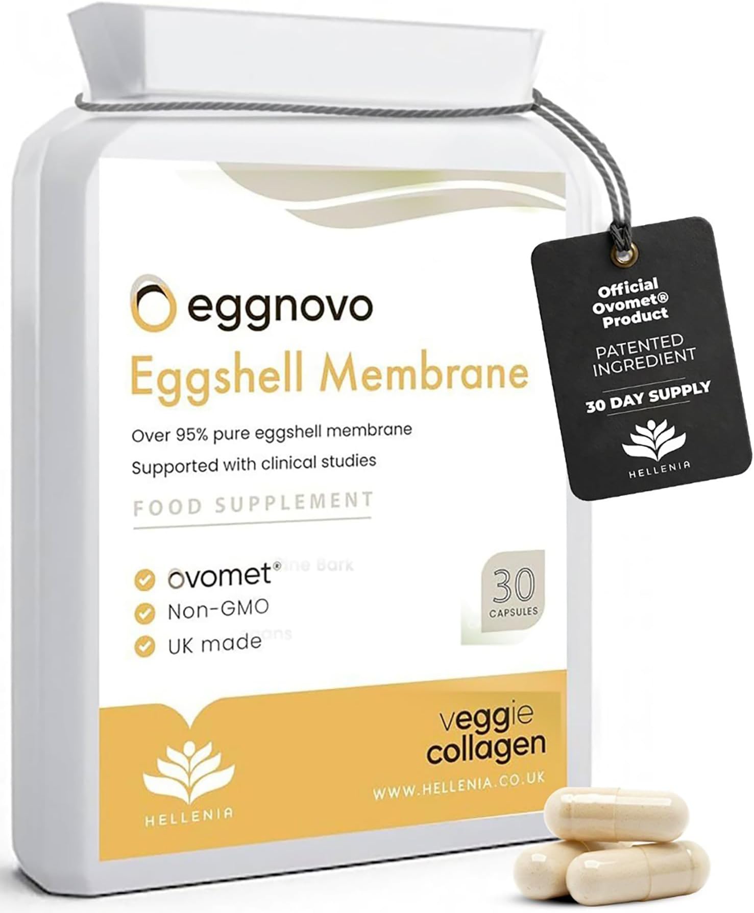 Eggshell Membrane Capsules Ovomet® - 300mg | 30 Vegetarian Capsules | Pure Eggshell Membrane with a High Degree of Purity - Joint Supplement | Sustainably Sourced - Made in The UK by Hellenia