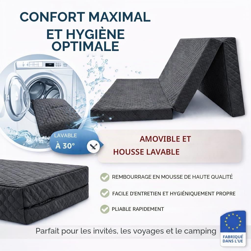 Odolplusz Matelas pliant de qualité supérieure - 120 x 200 x 10 cm - Matelas d'invité - 3 pièces - Matelas pliant en mousse confort - Housse matelassée - Pliable - Lit de voyage - Matelas de camping