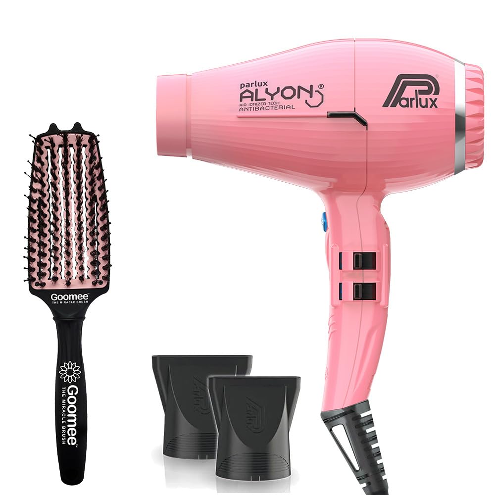 Parlux Alyon Pink Hair Dryer with Miracle Detangling Brush Medium Size Nylon & Boar Bristles for All Hair Types – Blush Pink