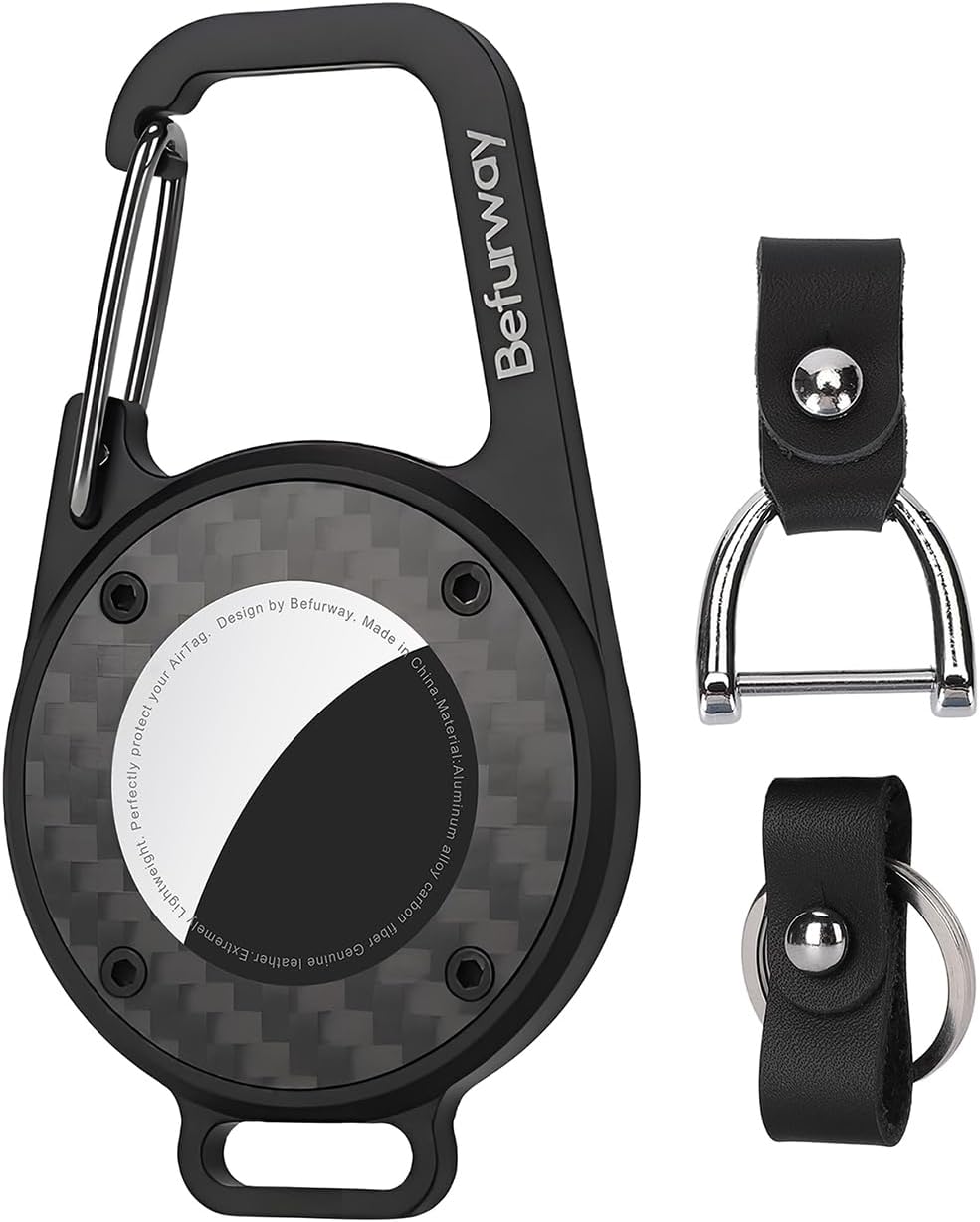 AirTag Keychain Holder, Lockable Carabiner, Premium Leather & Carbon Fiber Case, Heavy Duty Anti-Lost Cover Compatible with Apple AirTag for Keys, Luggage, Backpack, Dog Collar & Travel