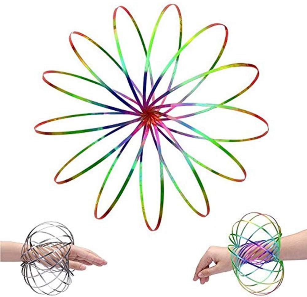 LIDANDAN Flow Rings, Kinetic Rings Toy Fidget Slinky 3D Spring Toy Sculpture Ring Game Toy Rainbow and Silver 2-Pack for Kids Boys and Girl, Rave Accessories, Festival Accessories(Rainbow-Silver)