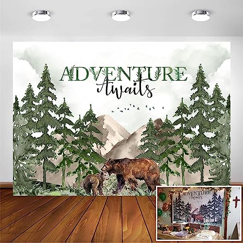 Avezano Adventure Awaits Baby Shower Backdrop Mountain Wilderness Woodland Baby Shower Decorations Photography Background Watercolor Greenery Forest Party Photoshoot Backdrops (7x5ft)