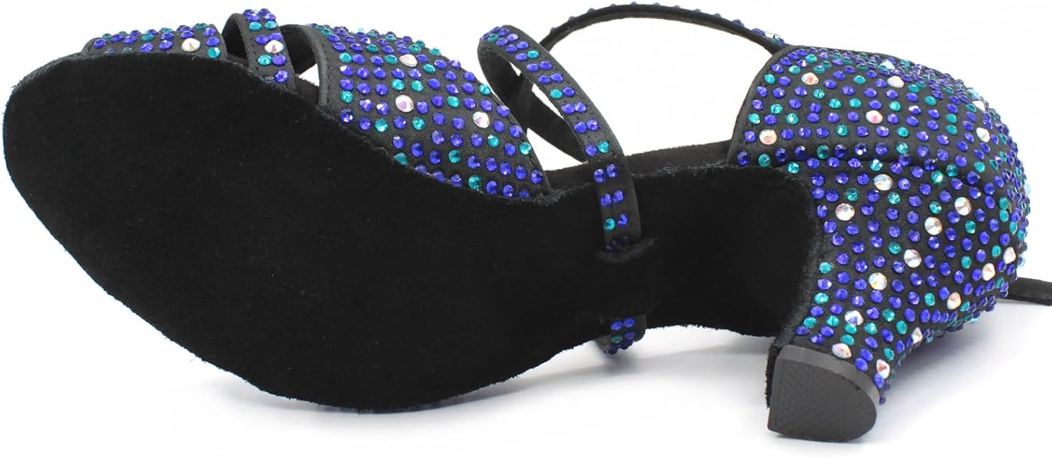 Blue Dance Shoes for Women,Glitter Satin Kitten Heel Salsa Latin Swing Ballroom Shoes with Rhinestones,for Evening/Wedding/Party