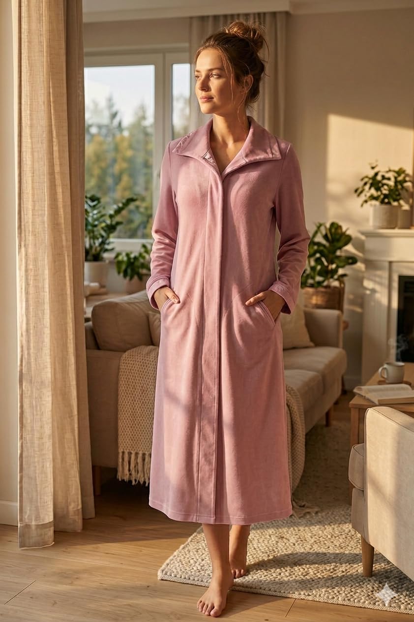Revise RE-647 Peignoir à boutons pour femme en velours de coton chaud et long avec poches