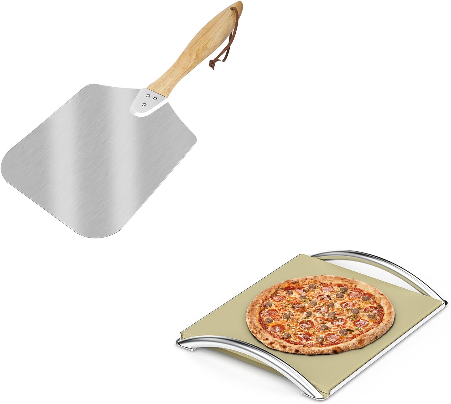 Skyflame 14" x 16" Pizza Grilling Stone with Metal Handle Rack & 14" x 16" Pizza Peel Kit