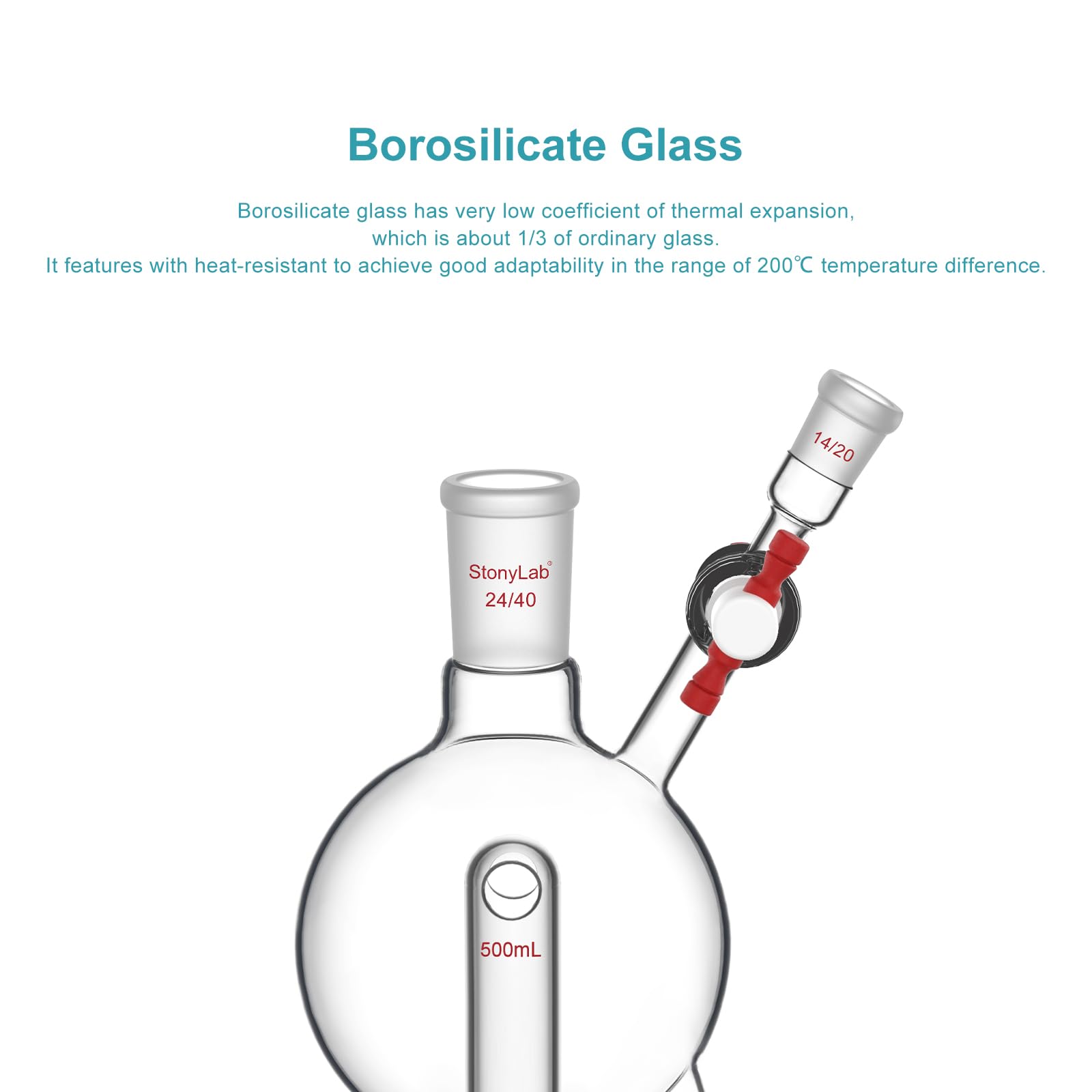 stonylab Cabezal Destilación 500 ml Vidrio Borosilicato PTFE, Unión Sup/Inf 24/40, 2 Laterales 14/20, para Secado, Reflujo y Recolección Laboratorio