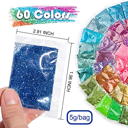 Fine Glitter, YGDZ 60 Colors 300g Extra Fine Glitter for Resin, Multi Purpose Assorted Craft Glitter Packs for Slime, Epoxy Tumblers, Body, Face, Nails, 5g Each Bag