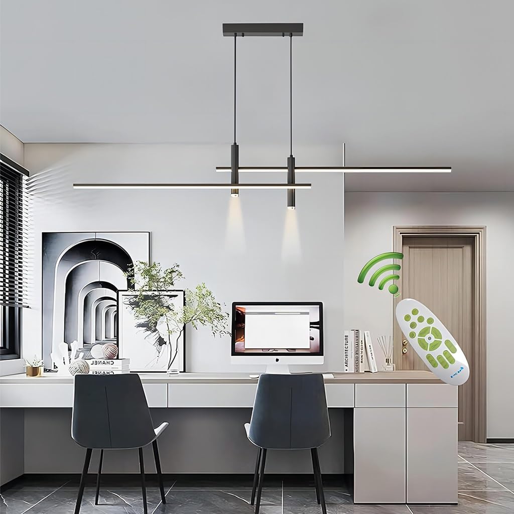 LYSDjia Pendant light modern LED black with remote control Chandelier 45W dimmable dining room light with spotlight function metal Hanging Lamp linear Ceiling lighting for kitchen table office bar (C