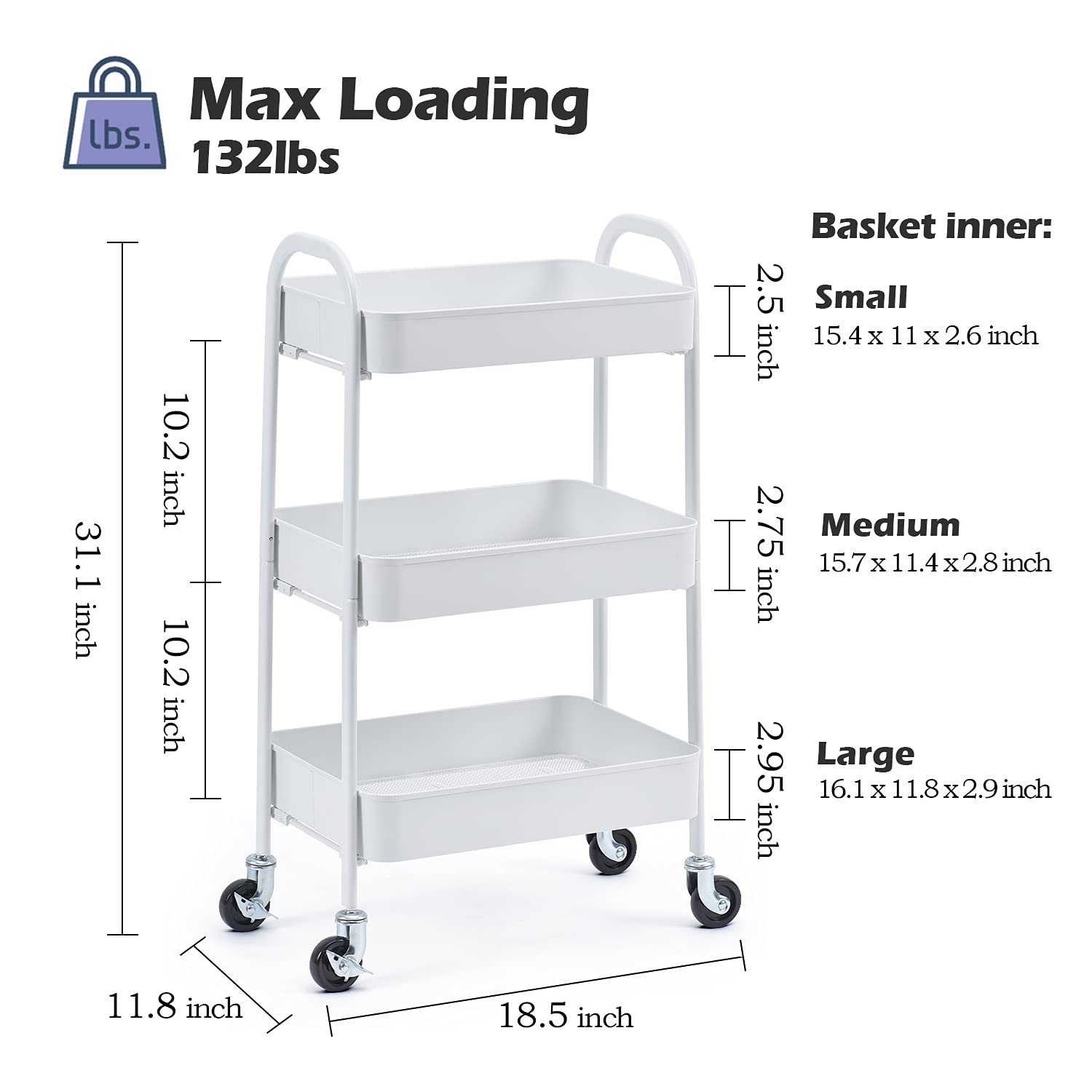 Buy TOOLF 3 Tier Rolling Cart, No Screw Metal Utility Cart, Easy