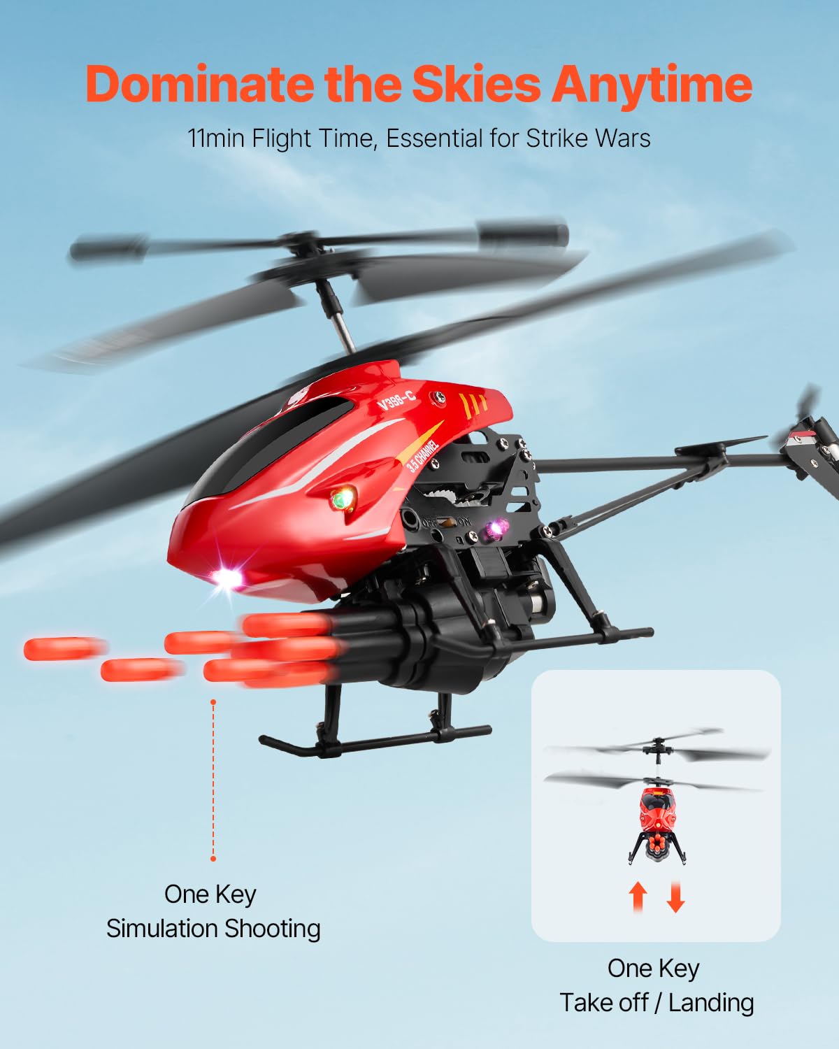 VEVOR Helicóptero de Control Remoto de 2,4 GHz 3,5 Canales con Modo de Disparo, Retención de Altitud Despegue/Aterrizaje con una Sola Tecla y Luces LED Juguete para Niños Mayores de 14 Años