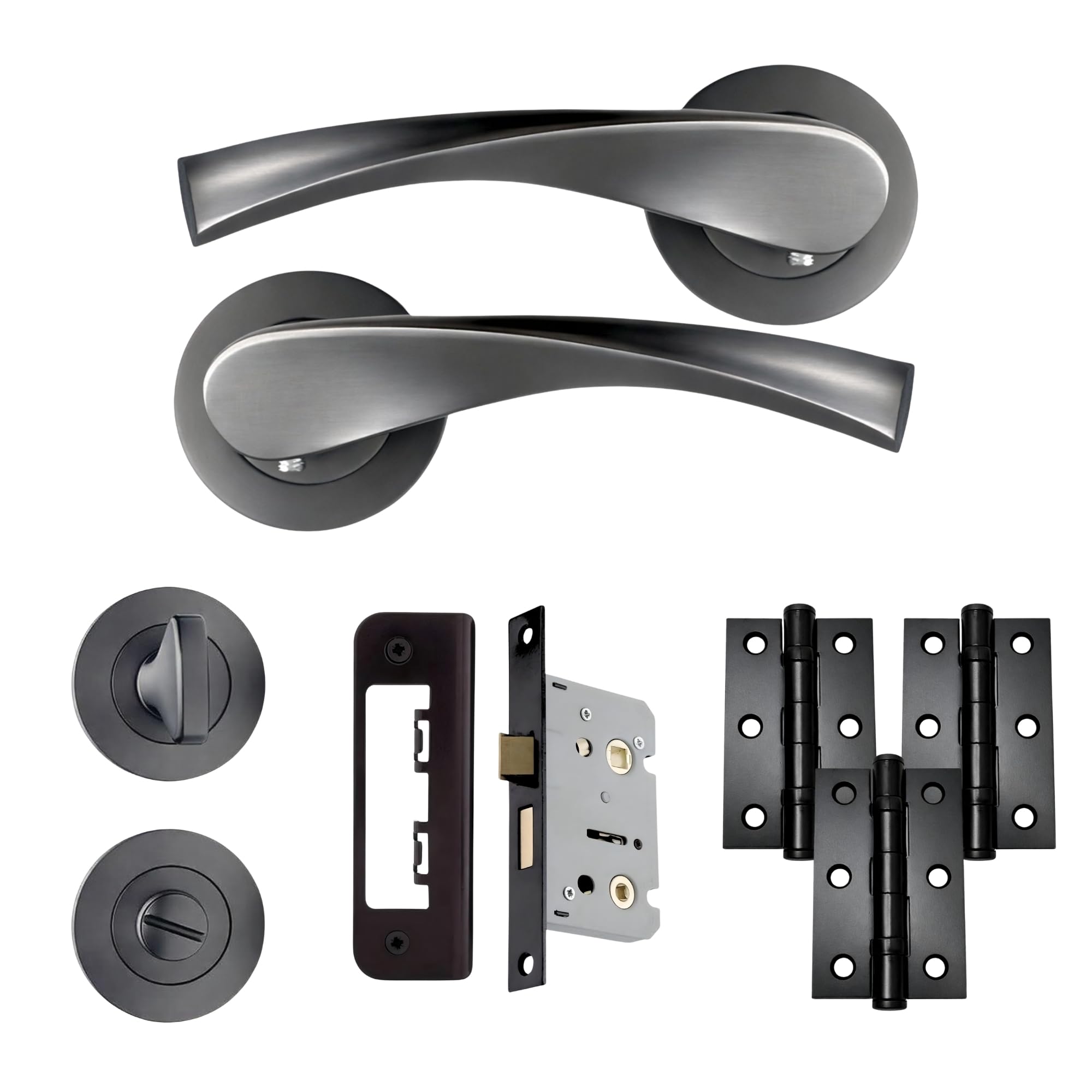 UAP Zeta Internal Door Handle Bathroom Pack, Metal Grey, with Lock, Hinges and Escutcheon, 75mm