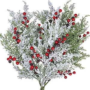 Winlyn 6 Pcs Snowy Artificial Cedar Picks with Red Berries Frosted Faux Cedar Sprays Christmas Cedar Greenery Branches Stems for Christmas Tree Wreath Floral Arrangement Vase Winter Holiday Decor