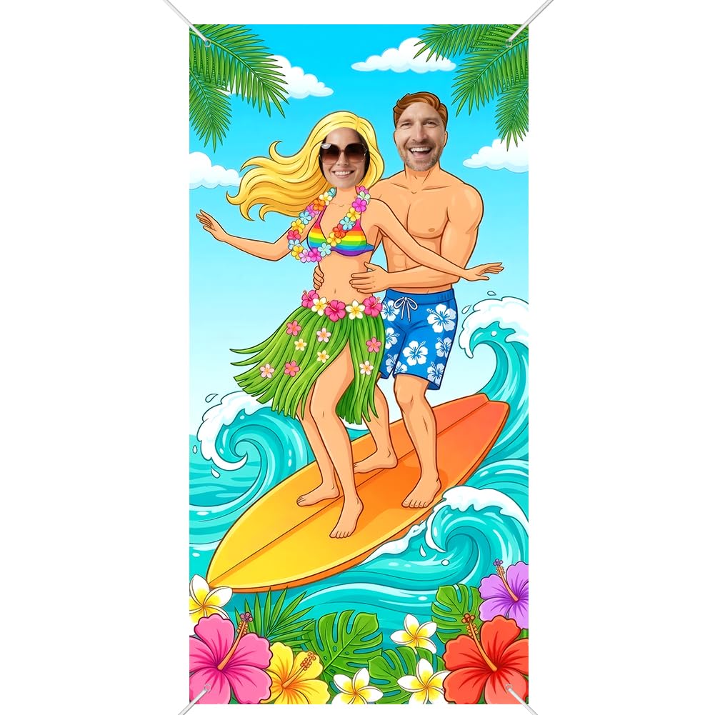 SUPERDANT Hawaiian Tropical Photo Prop Banner Surfing Couple Photo Door Banner Fabric Reusable Waterproof Hanging Backdrop Decor for Seaside Beach Summer Party Banquet Supplies 180x90cm