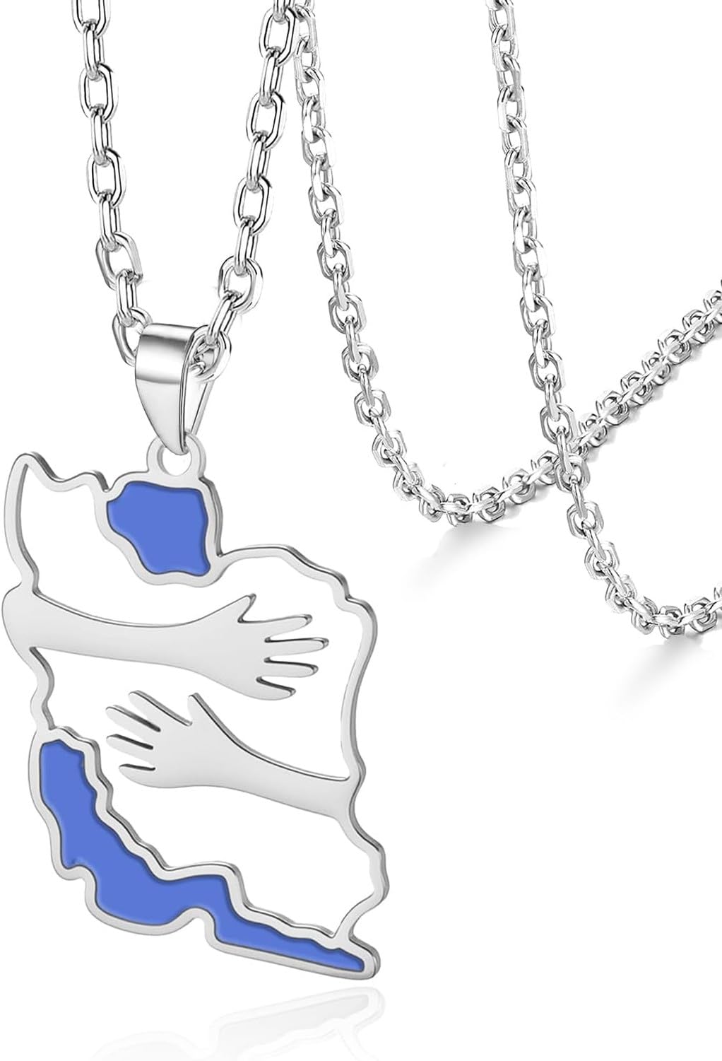 GIOFEOIK Iran Map Pendant Necklace with Dove Flag Colour CZ Stainless Steel Persian Patriotic Jewellery Gift for Women Men, Silver 2