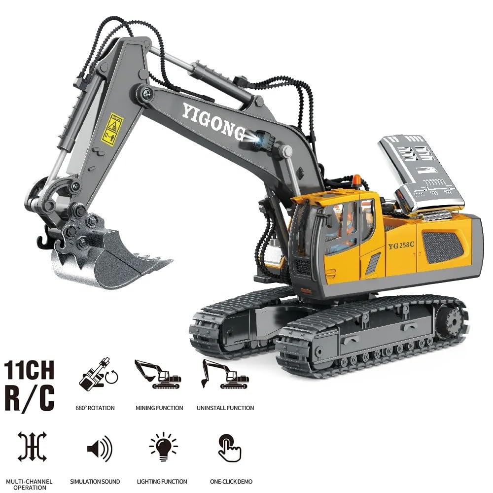 Generico Escavatore Telecomandato Bambini con Pala in Metallo – 11 Canali, Luci e Suoni Realistici, Giocattolo Cantiere RC Resistente – Regalo per Bambini 6 7 8 9 10 Anni - Giallo