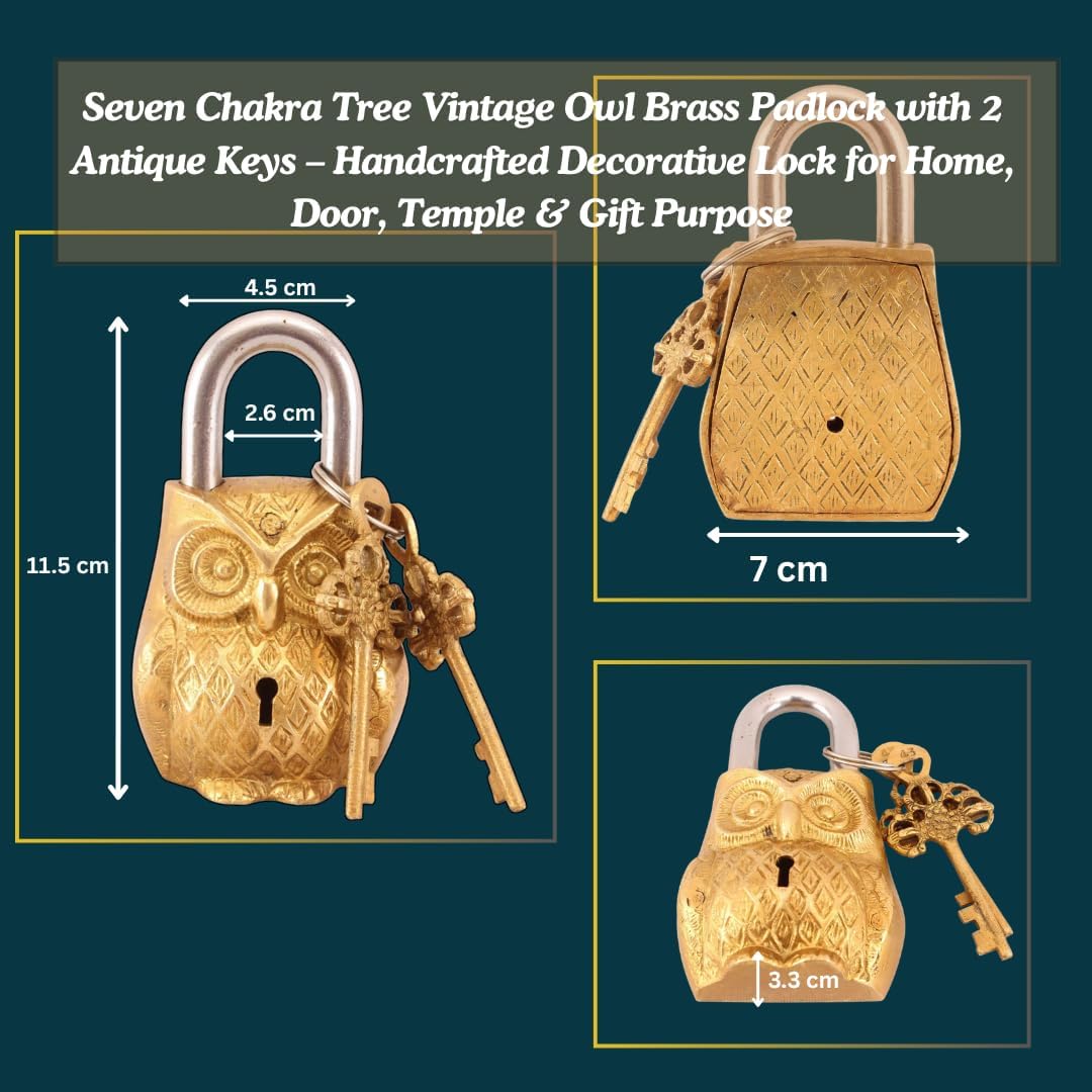 Vintage Owl Brass Padlock with 2 Antique Keys – Handcrafted Decorative Lock for Home, Door, Temple & Gift Purpose