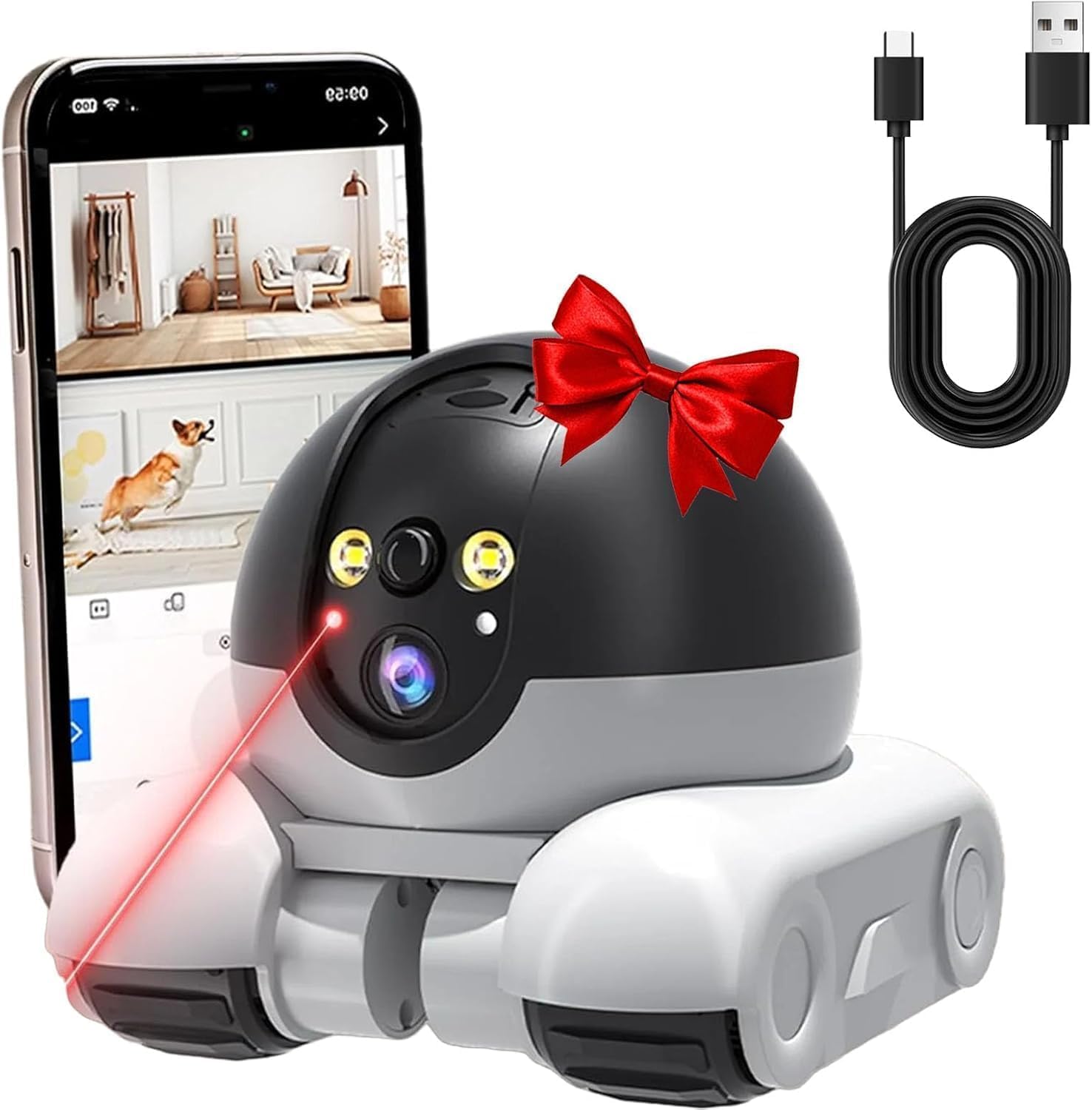 Cámara Robot sobre Ruedas 1080p Cámaras De Seguridad para Mascotas con Lente Dual para Interiores con Aplicación De Teléfono P 360° T 90° Monitoreo De Rotación Conversación Bidireccional Vi
