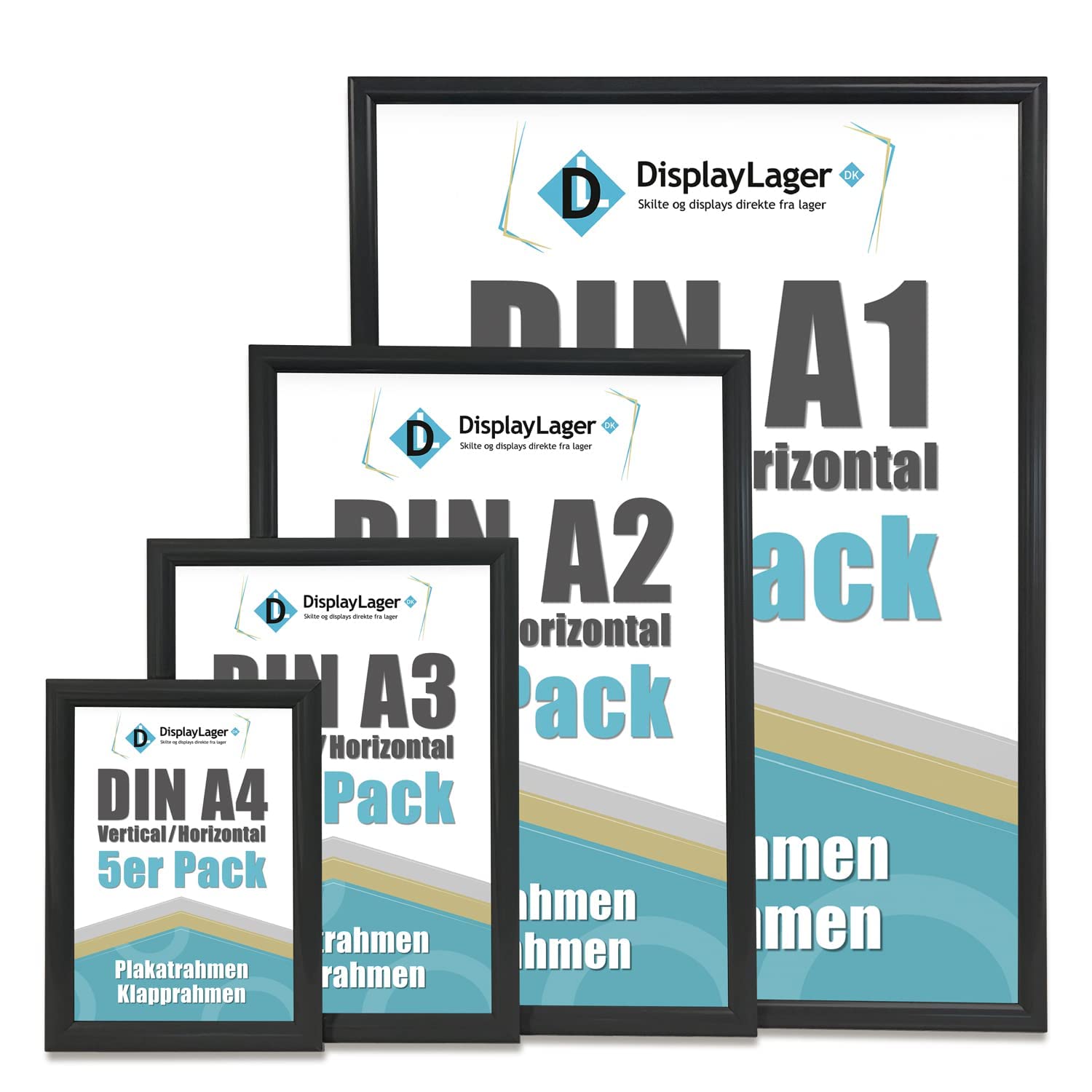 DisplayLager - 5 Cadre à Clipser A2, 5 pièces, Noir | Cadre pour Affiches avec Profil en Aluminium argenté de 25 mm | avec vitre de Protection antireflet et matériel de Fixation