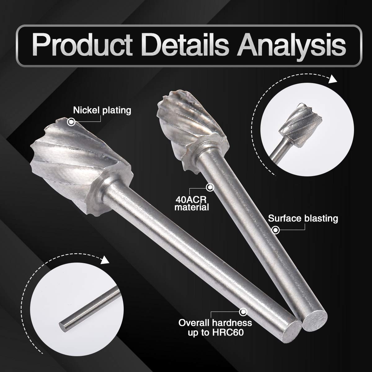 KATUR Cutting Burr Bits Set, Single Cut Rotary Burr, High Speed Steel Wood Cutting Metal Rotary Files Tool, 6Pcs 1/8 Inch Shank