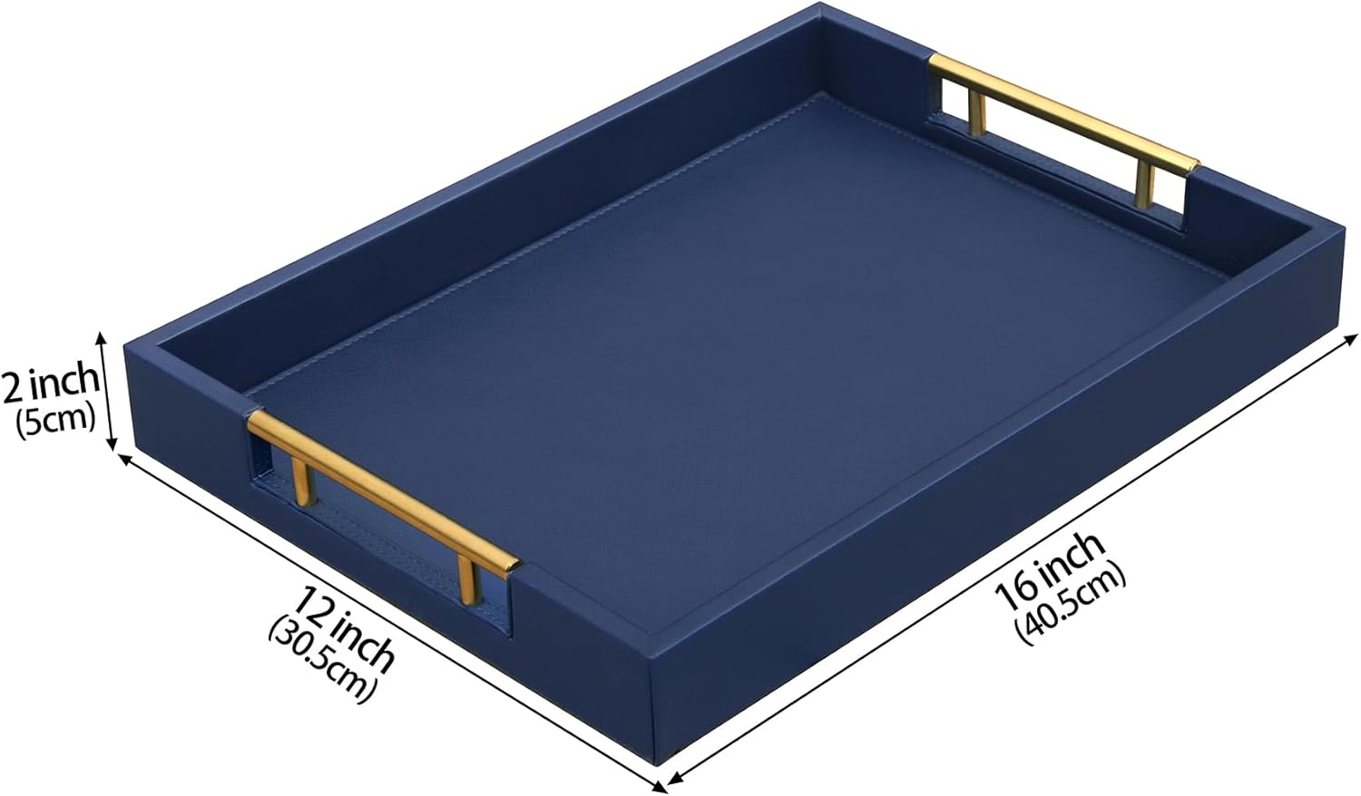 HofferRuffer Faux Leather Serving Tray with Gold Metal Handles, Stylish Decorative Tray Organizer for Coffee Table, Ottoman, Home Decor and Serving (Blue, 16.2" x 12.2" x 2")