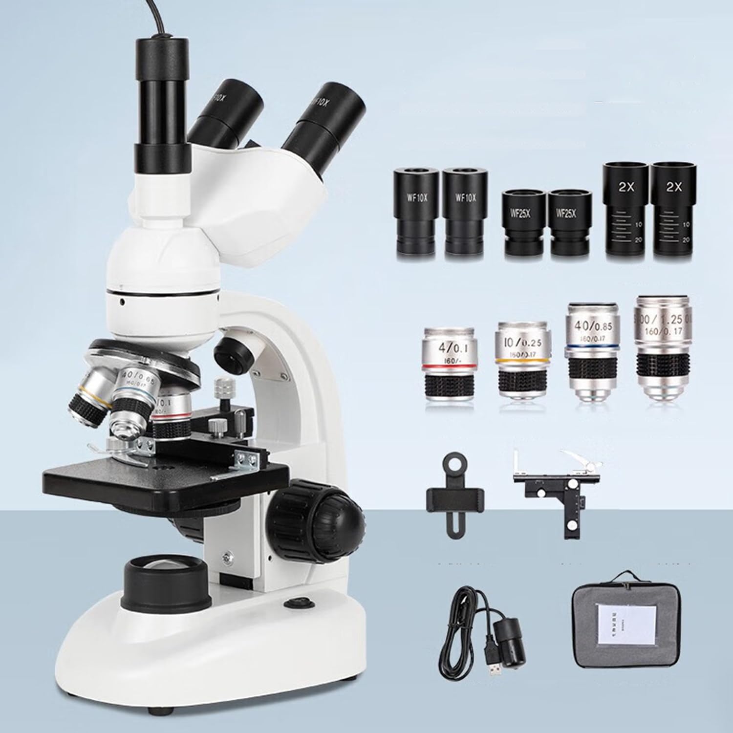 Microscopio trinoculare aggiornato HD, con oculare elettronico, microscopio a luce composta, obiettivo 4X, 10X, 40X, 100X, con supporto per telefono cellulare/calibro a corsoio, 110 V-240 V,5000X