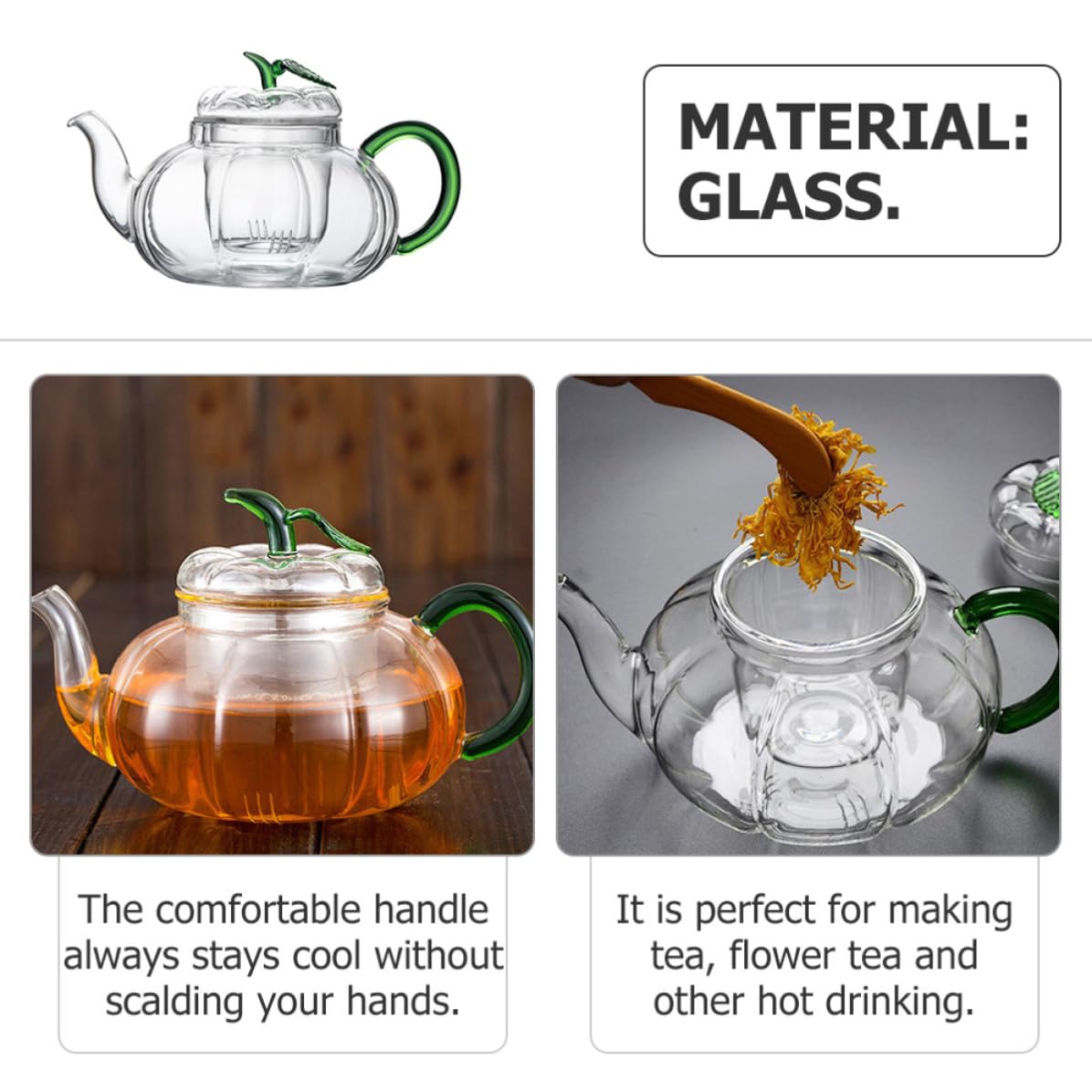 Abaodam 3 Stück Hitzebeständige Glas Teekanne 600ml mit Bequemem Griff und Grünem Design für Zuhause und Professionelle Teehäuser