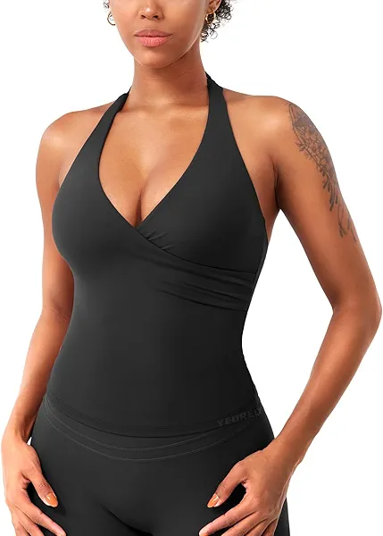YEOREO Womens Halter Tank Tops Workout Impact Longline Strappy Top Padded Deep V Neck Wrap Gym Backless Bra Camisole