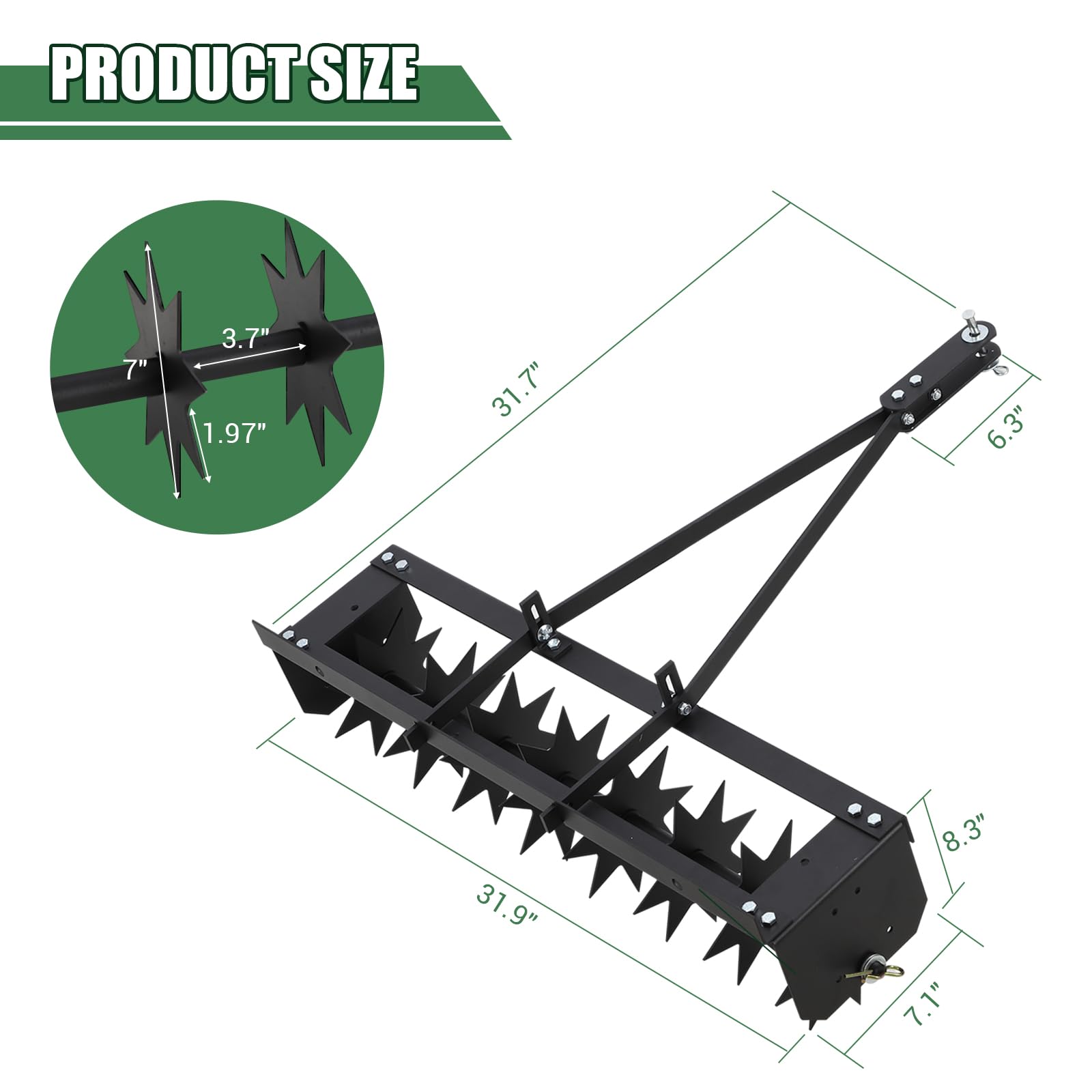 Garvee Aireador de Césped Remolcable de 81 cm, Escarificador de Púas de Acero Aleado con Bandeja de Peso de 41 kg, 64 Púas para Aireación de 5 cm, Equipo de Jardinería para Tractor y ATV, Negro