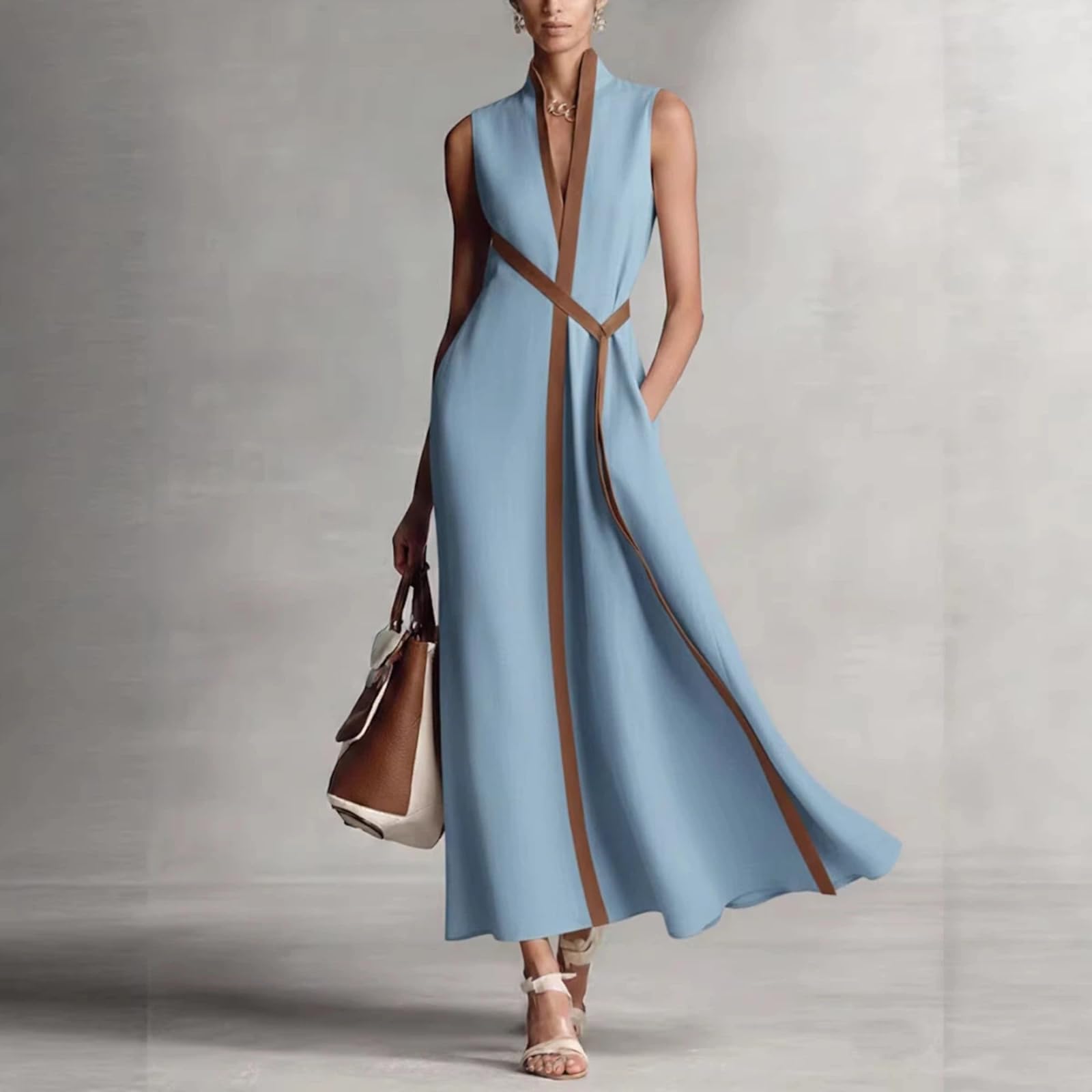Primavera y Verano V Cintura sin Mangas y Suelta Temperamento Vestido de Moda para Ropa Femenina
