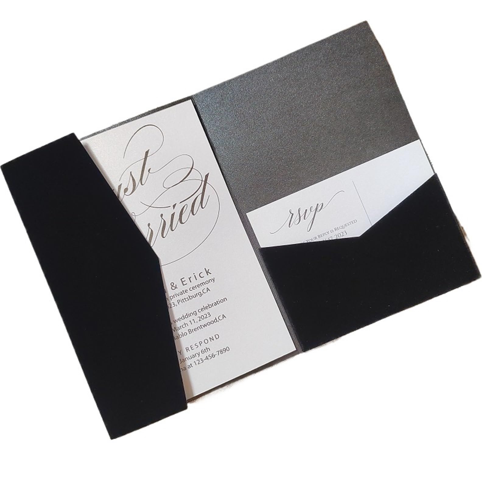 Hochzeitskarte 25 Stück schwarzer Samt-Einladungskarten-Taschenordner, Trifild-Ordner, Samt und schwarzes Perlglanzpapier