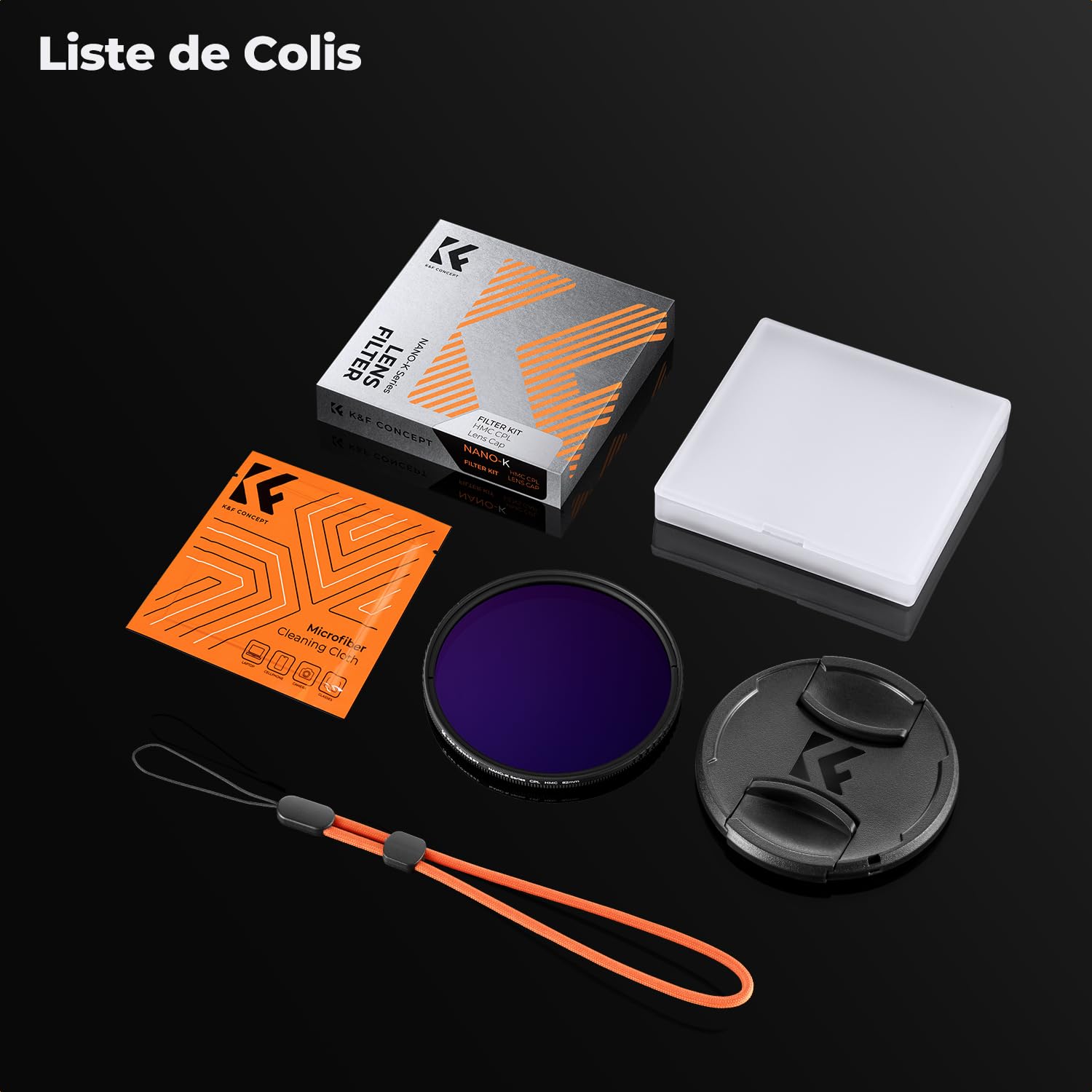 K&F CONCEPT Filtre Polarisant CPL 72mm Circulaire + Bouchon d'Objectif + Chiffons de Nettoyage en Microfibre + Élastique Multi-Couches pour Appareil Photo-K Série