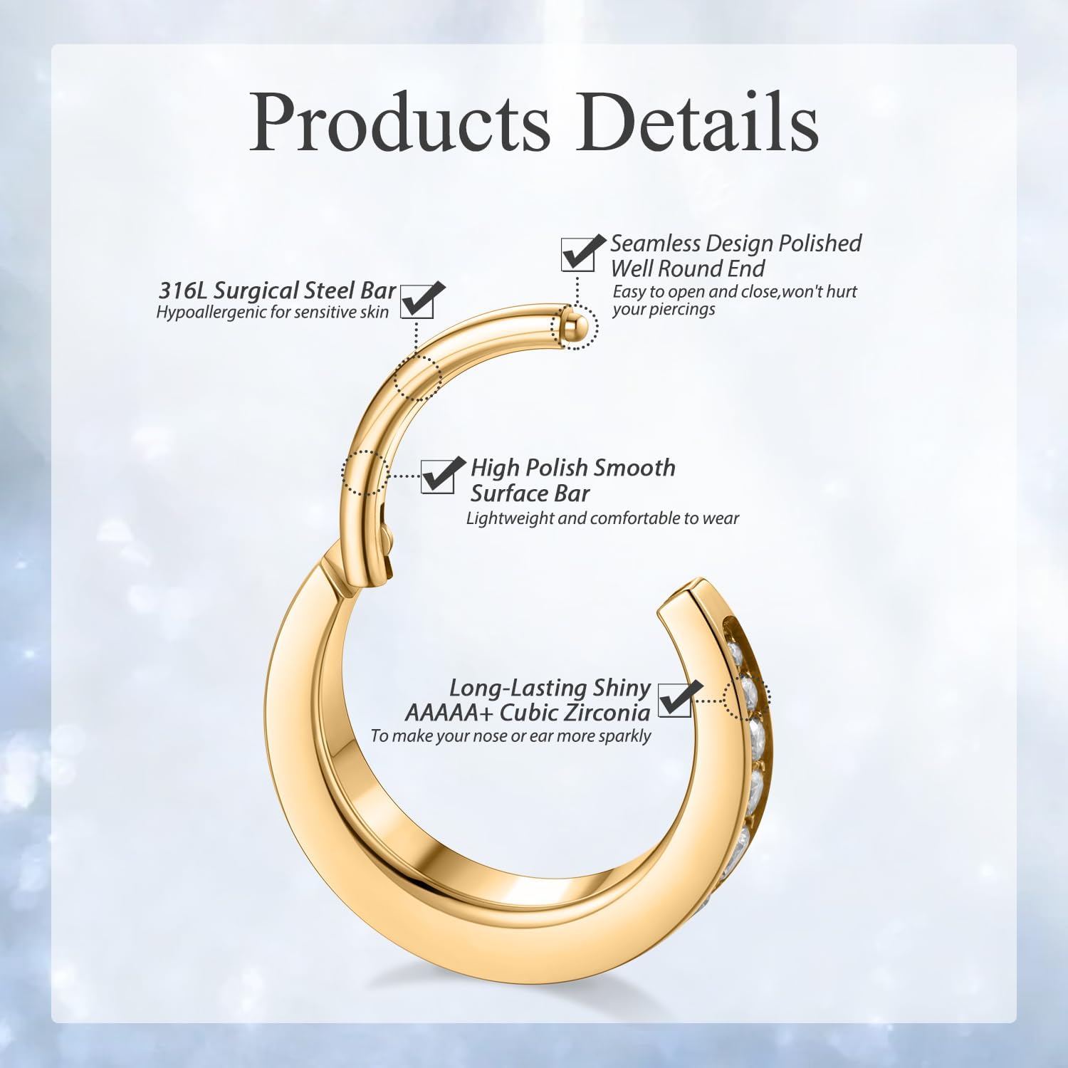 Conch Piercing Jewelry 16 Gauge Hoop Earrings Conch Jewelry Nose Hoop Surgical Steel Septum Jewelry Gold Conch Earrings Hinged Nose Rings 8mm Helix Cartilage Earring - Image 5