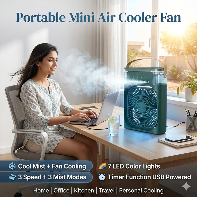 Image of Drumstone Portable USB Mini Air Cooler Fan with Water Mist & Timer, 3 Speed Personal Desk Cooling Device with LED Light for Home, Office & Travel Use