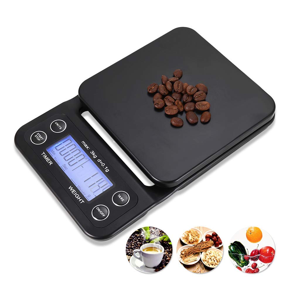 BAGAIL Digitale Koffie Schaal met Timer, 0.1g Hoge Precisie Elektronische Keuken Schaal met Groot Display, Auto Tare en Touch Sensor Knop, Oplaadbare Weegschaal voor Druppelkoffie, Max Gewicht 3kg