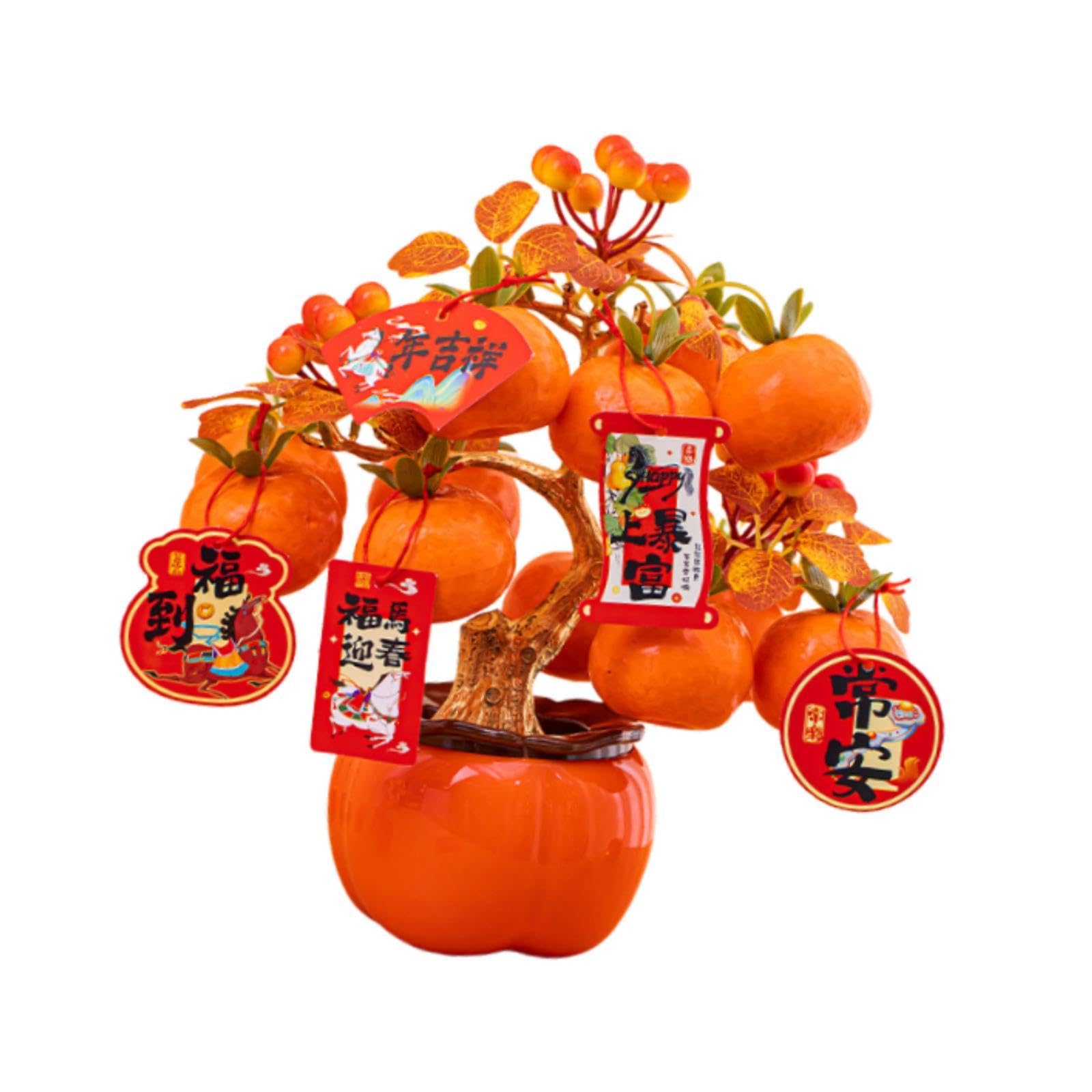 Ornamento da tavolo per il Capodanno cinese, Albero dei soldi della fortuna del Capodanno cinese 2026 Vaso di cachi simulato 27 cm x 28 cm Decorazione in resina espansa