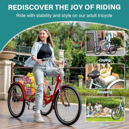 MOPHOTO Adult Tricycles Three Wheel Cruiser Bike 7 Speed, Adult Trikes 24/26 inch Wheels Low Step-Through, Three-Wheeled Bicycles for Women, Men, Seniors