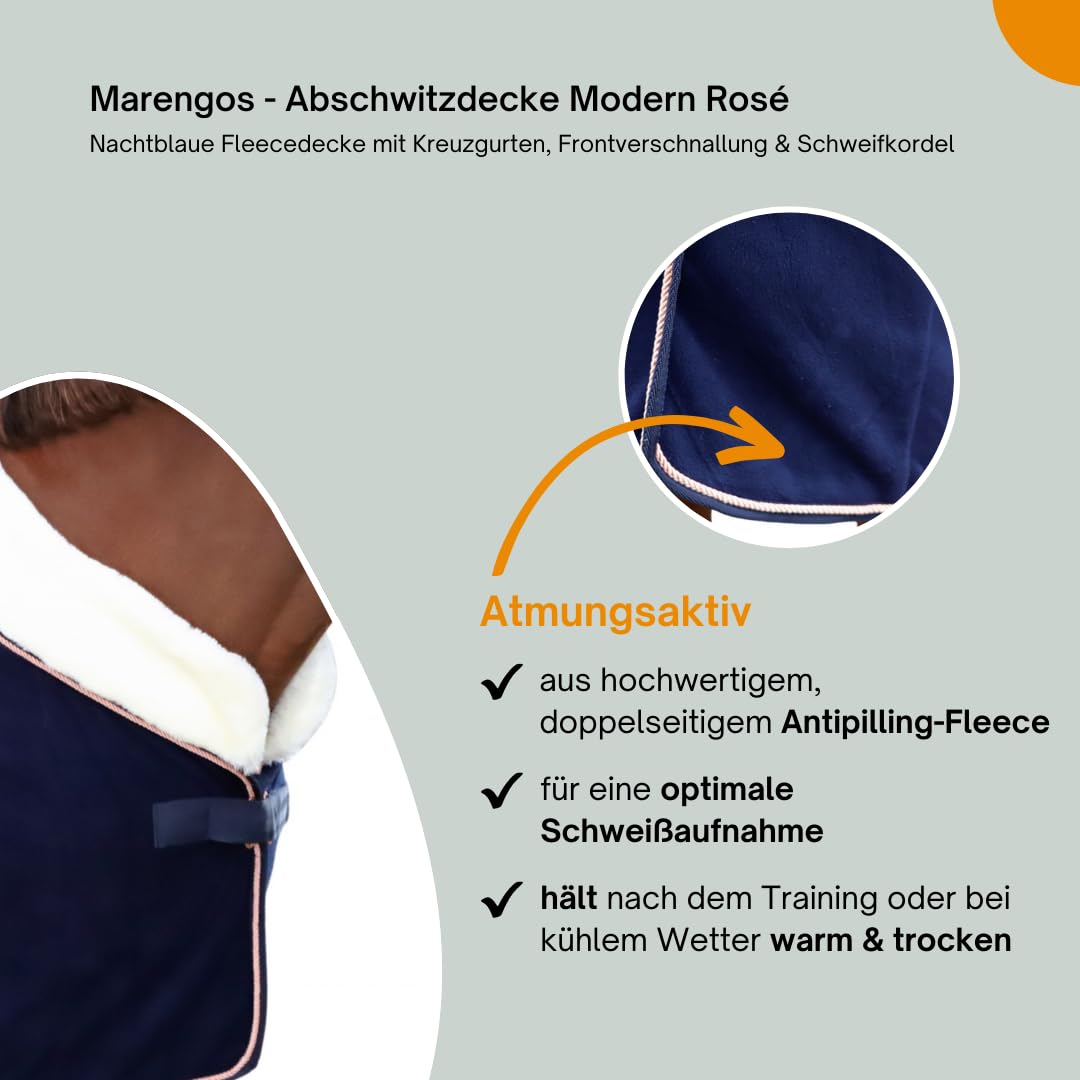 Marengos - Abschwitzdecke Modern Rosé | Fleecedecke m. Kreuzgurten, Frontverschnallung, Schweifkordel & roségoldenen Verzierungen | atmungsaktive Pferdedecke | Pferde Zubehör in Nachtblau | 135 cm | Fleecedecke mit Kreuzgurten, Frontverschnallung, Schweif