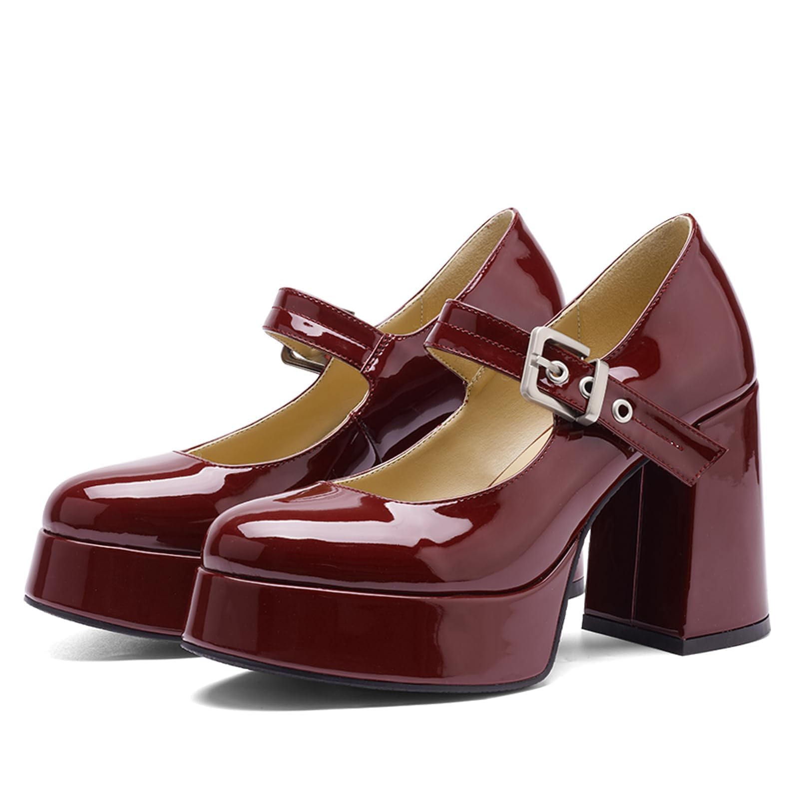 Platform Mary Jane Heels Patent Chunky Round Closed Toe Dress Shoes