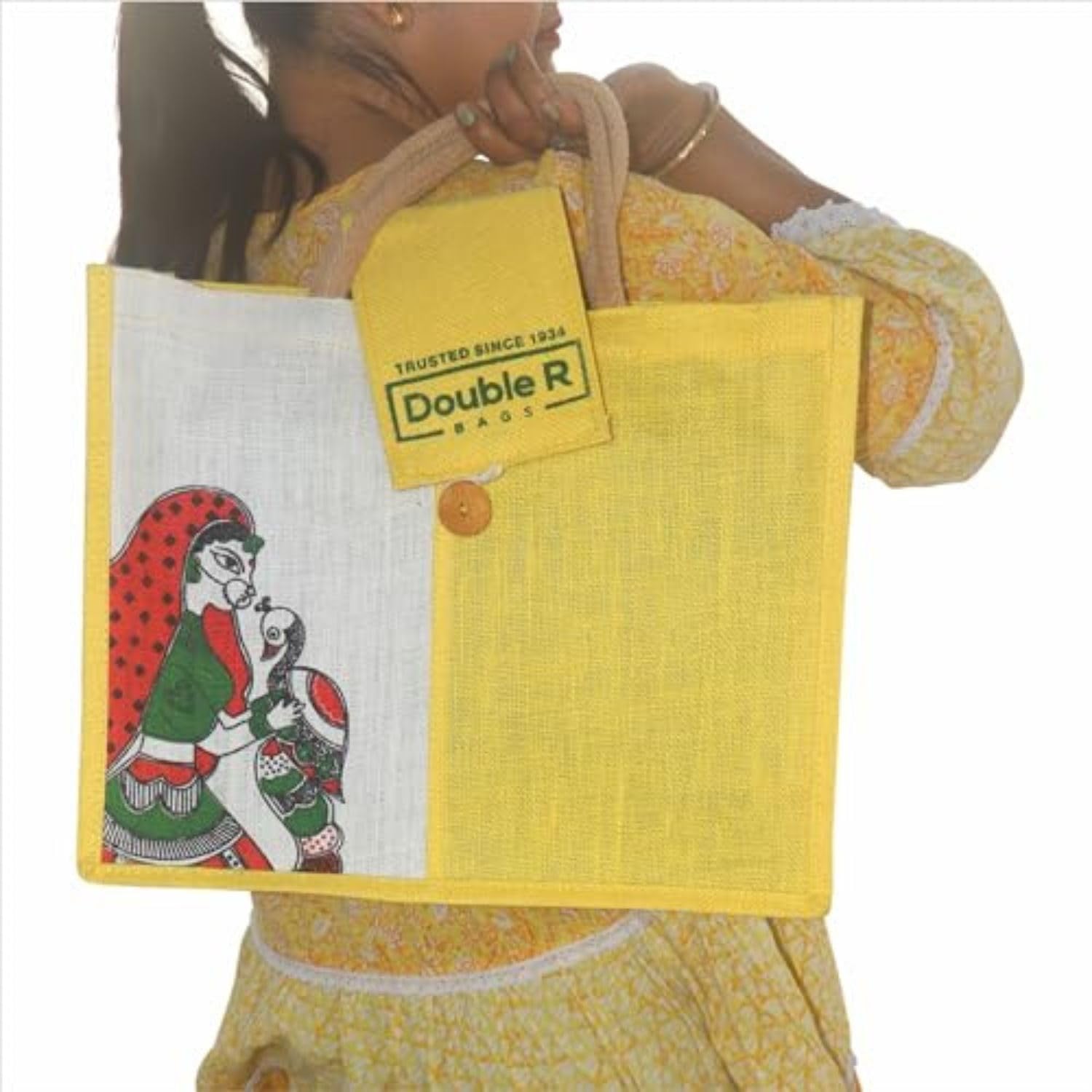 DOUBLE R BAGS Canvas & Jute Multipurpose Tote Bag for Women – Eco-Friendly Handbag for Office, Travel, Shopping & College – Jaipuri Print (Yellow) 4